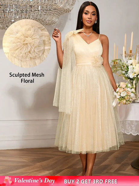 AOMEIDRESS A Line Mesh Dress One Shoulder Drape 3D Flower Bridesmaid Khaki / S