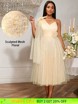 AOMEIDRESS A Line Mesh Dress One Shoulder Drape 3D Flower Bridesmaid Khaki / S