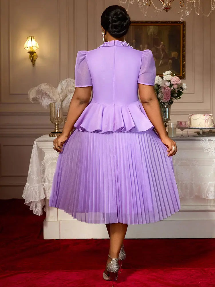 AOMEIDRESS A Line Midi Beaded Party Dress With Waist Belt Puff Sleeve