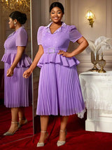 AOMEIDRESS A Line Midi Beaded Party Dress With Waist Belt Puff Sleeve