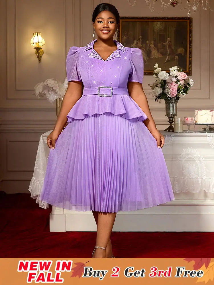 AOMEIDRESS A Line Midi Beaded Party Dress With Waist Belt Puff Sleeve Lavender / 0XL
