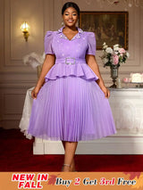 AOMEIDRESS A Line Midi Beaded Party Dress With Waist Belt Puff Sleeve Lavender / 0XL