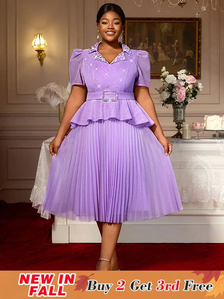 AOMEIDRESS A Line Midi Beaded Party Dress With Waist Belt Puff Sleeve Lavender / 0XL