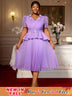 AOMEIDRESS A Line Midi Beaded Party Dress With Waist Belt Puff Sleeve Lavender / 0XL