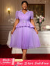 AOMEIDRESS A Line Midi Beaded Party Dress With Waist Belt Puff Sleeve Lavender / 0XL
