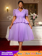 AOMEIDRESS A Line Midi Beaded Party Dress With Waist Belt Puff Sleeve Lavender / 0XL