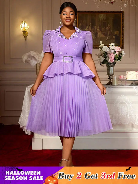 AOMEIDRESS A Line Midi Beaded Party Dress With Waist Belt Puff Sleeve Lavender / 0XL