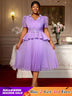 AOMEIDRESS A Line Midi Beaded Party Dress With Waist Belt Puff Sleeve Lavender / 0XL