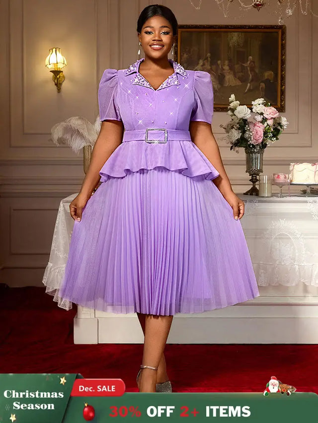 AOMEIDRESS A Line Midi Beaded Party Dress With Waist Belt Puff Sleeve Lavender / 0XL