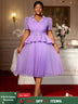 AOMEIDRESS A Line Midi Beaded Party Dress With Waist Belt Puff Sleeve Lavender / 0XL