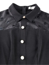 AOMEIDRESS A Line Midi Dress Polka Dot Puff Sleeve Sheer Lapel Collar
