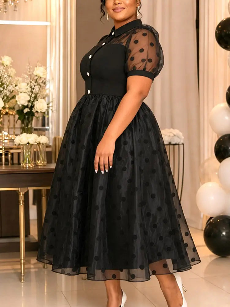 AOMEIDRESS A Line Midi Dress Polka Dot Puff Sleeve Sheer Lapel Collar