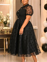 AOMEIDRESS A Line Midi Dress Polka Dot Puff Sleeve Sheer Lapel Collar