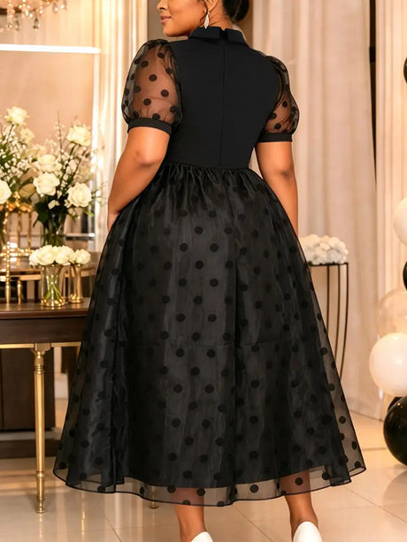 AOMEIDRESS A Line Midi Dress Polka Dot Puff Sleeve Sheer Lapel Collar