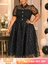 AOMEIDRESS A Line Midi Dress Polka Dot Puff Sleeve Sheer Lapel Collar - Black / S