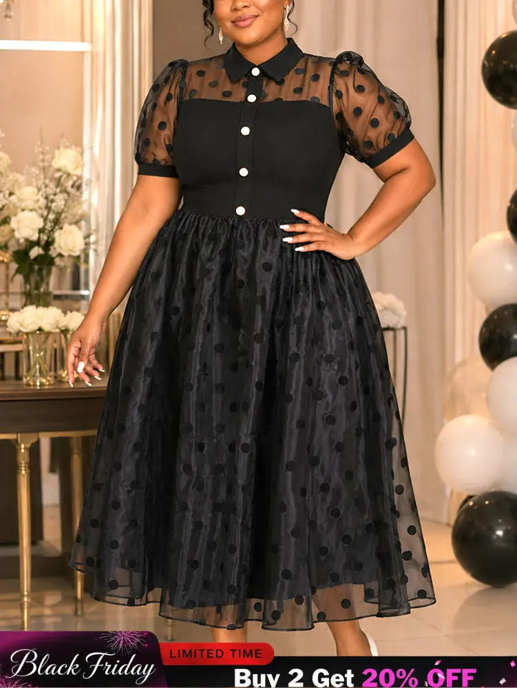 AOMEIDRESS A Line Midi Dress Polka Dot Puff Sleeve Sheer Lapel Collar - Black / S