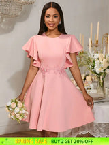 AOMEIDRESS A Line Mini Party Dress Batwing Sleeves Waist Embroidery Pink / S