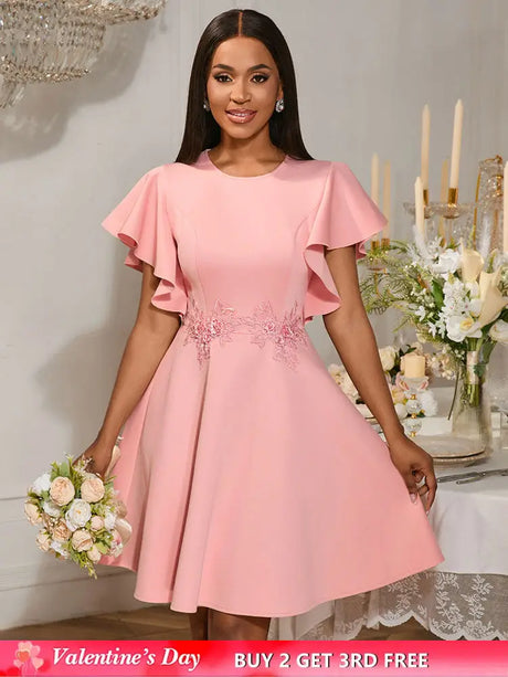 AOMEIDRESS A Line Mini Party Dress Batwing Sleeves Waist Embroidery Pink / S