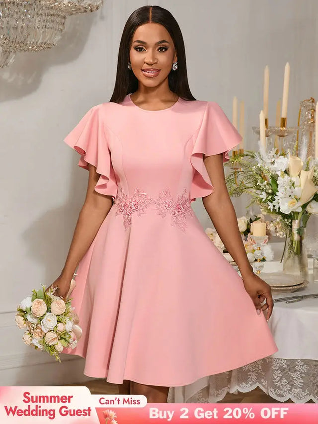 AOMEIDRESS A Line Mini Party Dress Batwing Sleeves Waist Embroidery Pink / S
