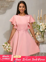 AOMEIDRESS A Line Mini Party Dress Batwing Sleeves Waist Embroidery Pink / S