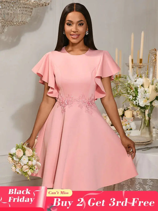 AOMEIDRESS A Line Mini Party Dress Batwing Sleeves Waist Embroidery Pink / S