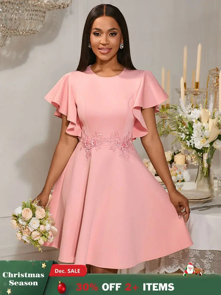 AOMEIDRESS A Line Mini Party Dress Batwing Sleeves Waist Embroidery Pink / S