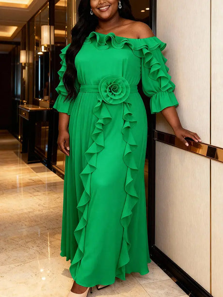 AOMEIDRESS A Line Off shoulder Chiffon Pleated Dress Ruffle 3D Flower