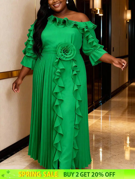 AOMEIDRESS A Line Off shoulder Chiffon Pleated Dress Ruffle 3D Flower - Green / 0XL