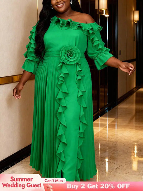 AOMEIDRESS A Line Off shoulder Chiffon Pleated Dress Ruffle 3D Flower - Green / 0XL
