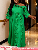 AOMEIDRESS A Line Off shoulder Chiffon Pleated Dress Ruffle 3D Flower - Green / 0XL