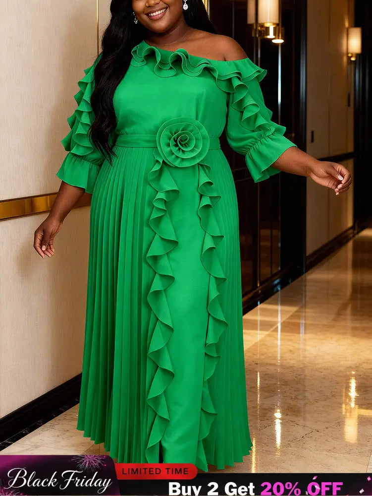 AOMEIDRESS A Line Off shoulder Chiffon Pleated Dress Ruffle 3D Flower - Green / 0XL