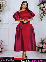 AOMEIDRESS A Line Off Shoulder Dress Puff Sleeve Colorblock Gowns Red / L