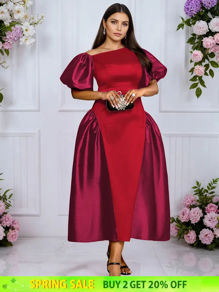 AOMEIDRESS A Line Off Shoulder Dress Puff Sleeve Colorblock Gowns Red / L
