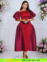 AOMEIDRESS A Line Off Shoulder Dress Puff Sleeve Colorblock Gowns Red / L