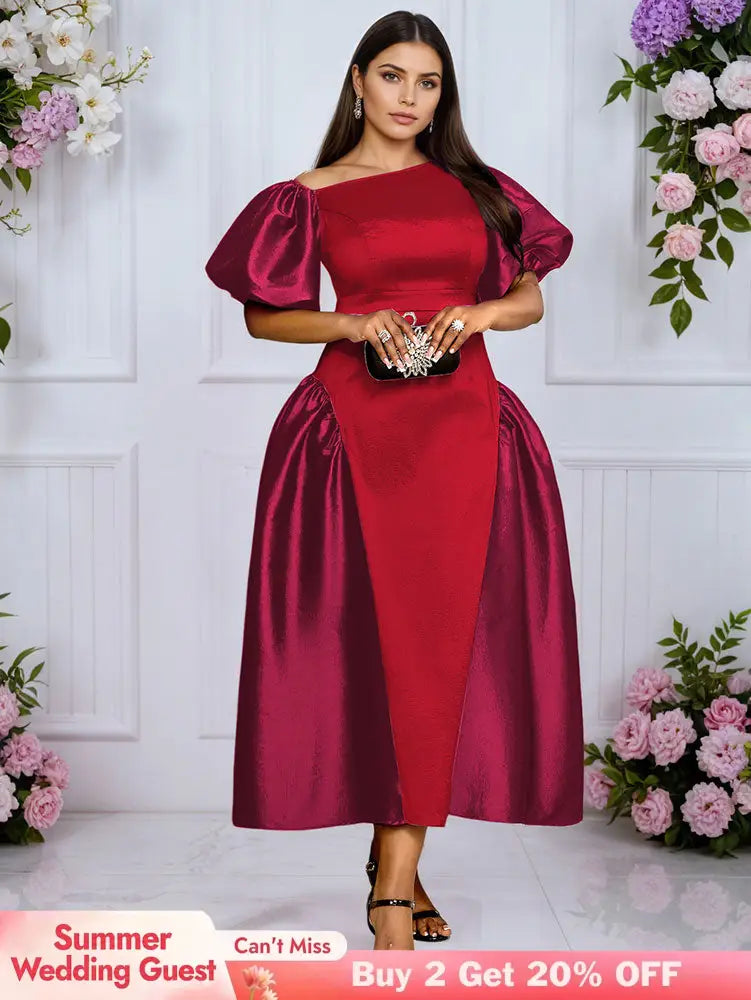AOMEIDRESS A Line Off Shoulder Dress Puff Sleeve Colorblock Gowns Red / L