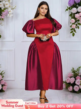 AOMEIDRESS A Line Off Shoulder Dress Puff Sleeve Colorblock Gowns Red / L