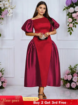 AOMEIDRESS A Line Off Shoulder Dress Puff Sleeve Colorblock Gowns Red / L