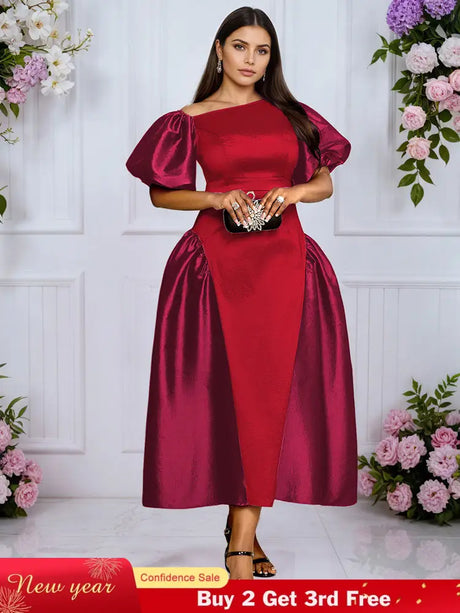 AOMEIDRESS A Line Off Shoulder Dress Puff Sleeve Colorblock Gowns Red / L