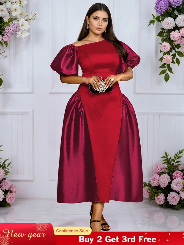 AOMEIDRESS A Line Off Shoulder Dress Puff Sleeve Colorblock Gowns Red / L