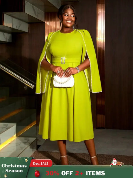 AOMEIDRESS A Line Party Dress O Neck Cloak Sleeve Beading High Waist Green / S