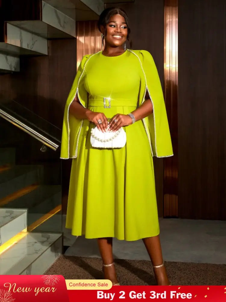 AOMEIDRESS A Line Party Dress O Neck Cloak Sleeve Beading High Waist Green / S