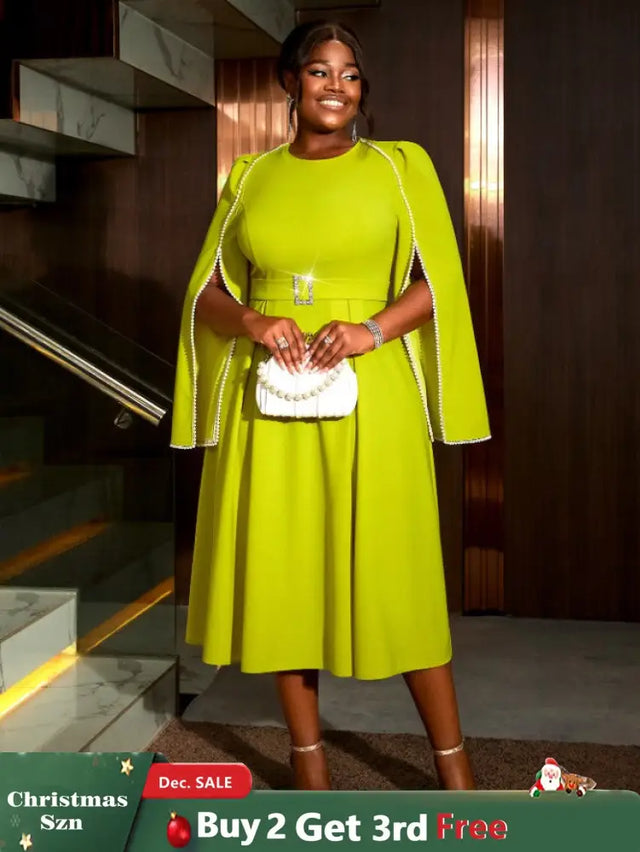 AOMEIDRESS A Line Party Dress O Neck Cloak Sleeve Beading High Waist Green / S