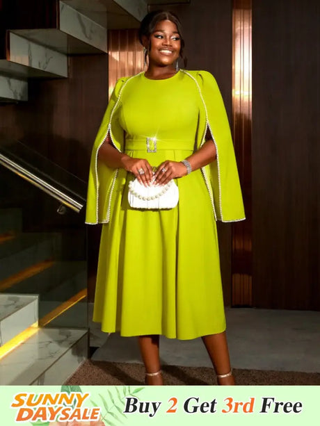 AOMEIDRESS A Line Party Dress O Neck Cloak Sleeve Beading High Waist Green / S