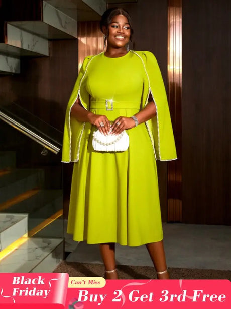 AOMEIDRESS A Line Party Dress O Neck Cloak Sleeve Beading High Waist Green / S