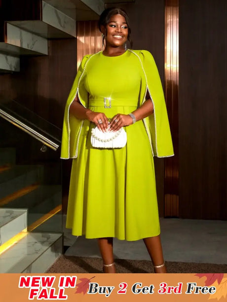 AOMEIDRESS A Line Party Dress O Neck Cloak Sleeve Beading High Waist Green / S