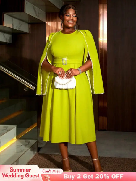 AOMEIDRESS A Line Party Dress O Neck Cloak Sleeve Beading High Waist Green / S