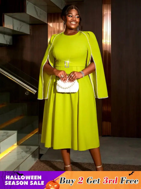 AOMEIDRESS A Line Party Dress O Neck Cloak Sleeve Beading High Waist Green / S