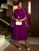 AOMEIDRESS A Line Party Dress O Neck Cloak Sleeve Beading High Waist Purple / S