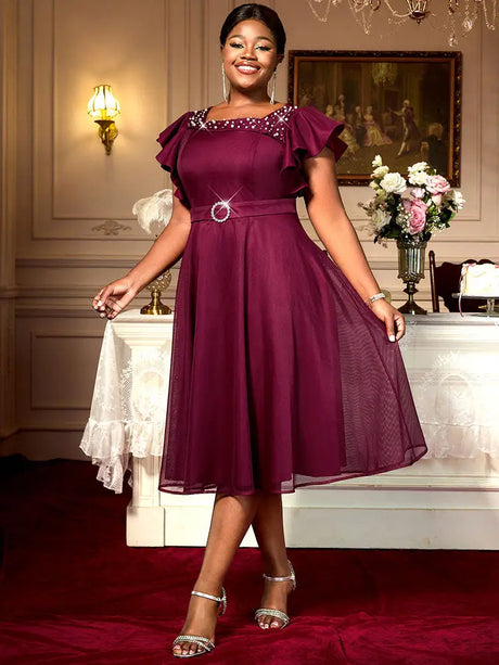 AOMEIDRESS A Line Party Dresses Beading Ruffles Sleeves Lining With Waist Buckle Elegant Curve Ladies