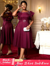 AOMEIDRESS A Line Party Dresses Beading Ruffles Sleeves Lining With Waist Buckle Elegant Curve Ladies Wine / S